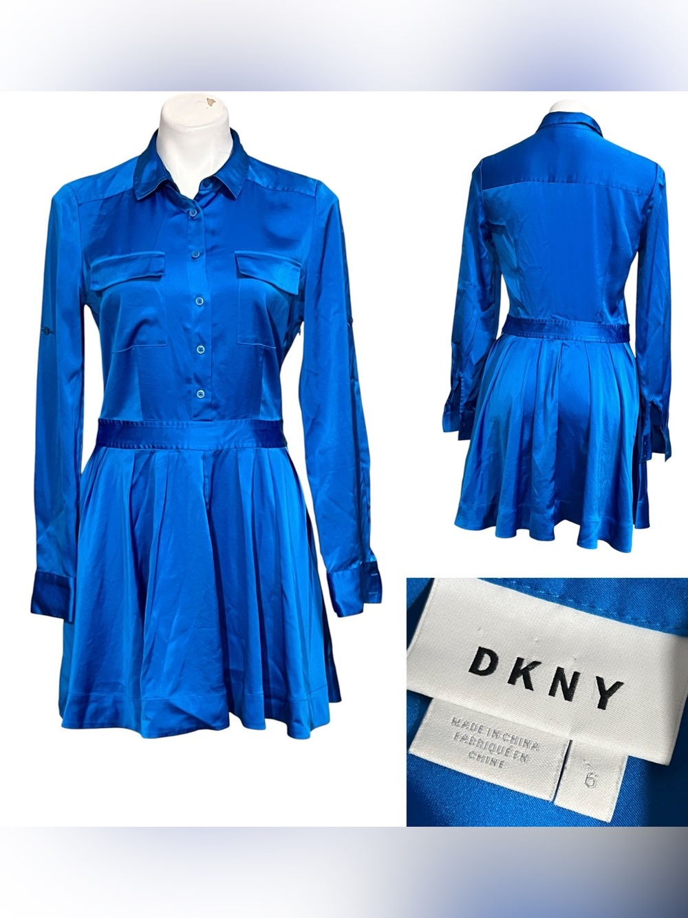 DKNY dress 6 Royal Blue Satin Long-Sleeve Shirt Dress office cocktail date Night
